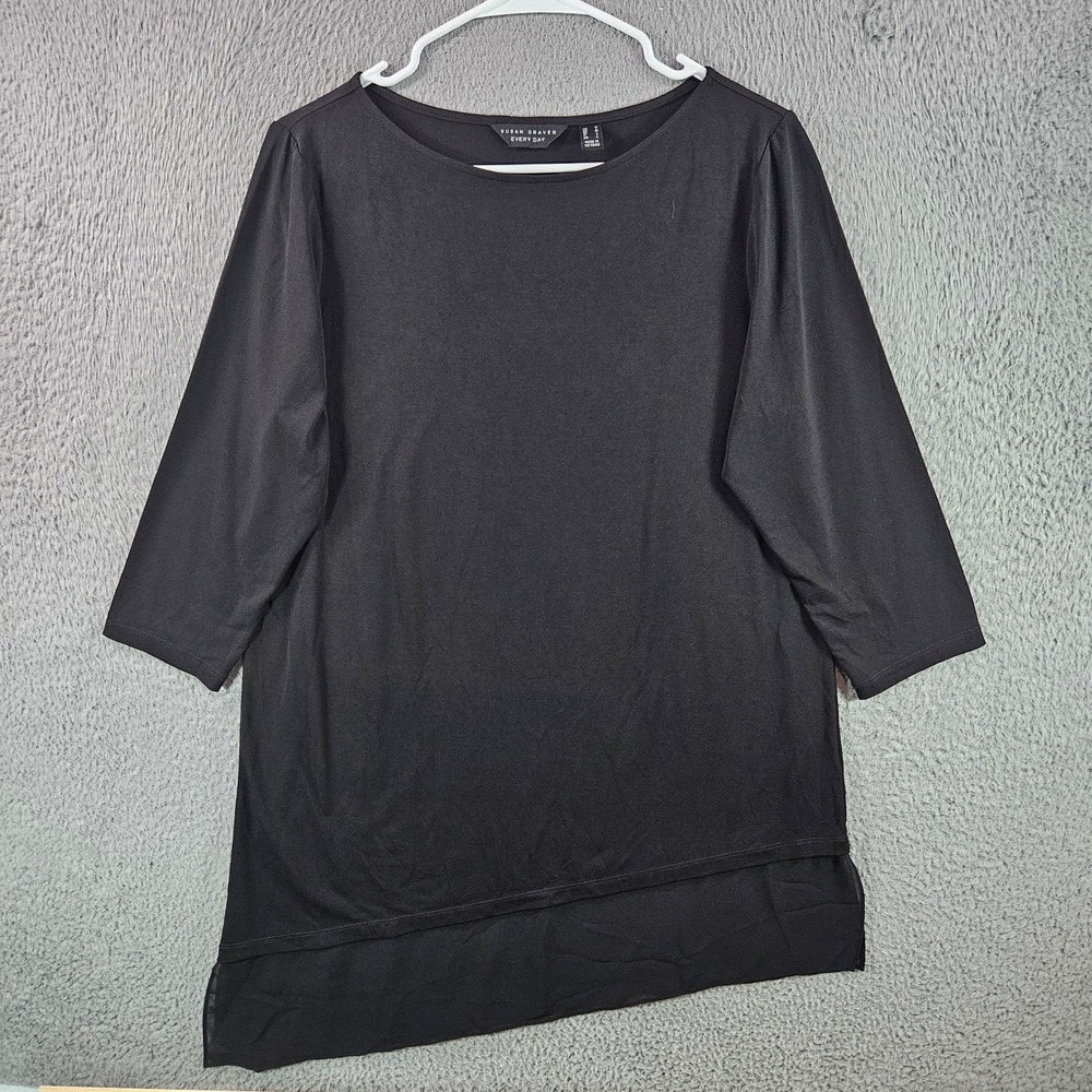 Susan Graver Everyday Black Asymmetrical Hem 3/4 Sleeve Tunic Top M